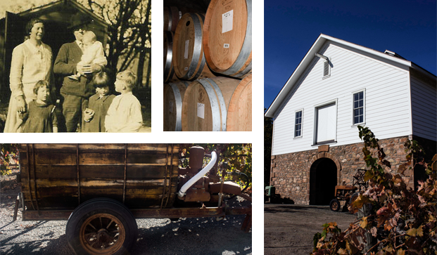 collage of Varozza family, wine barrels, vintage truck